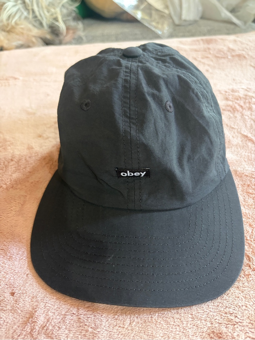Black Obey Lowercase Nylon 6 Panel Strapback Hat Good Condition